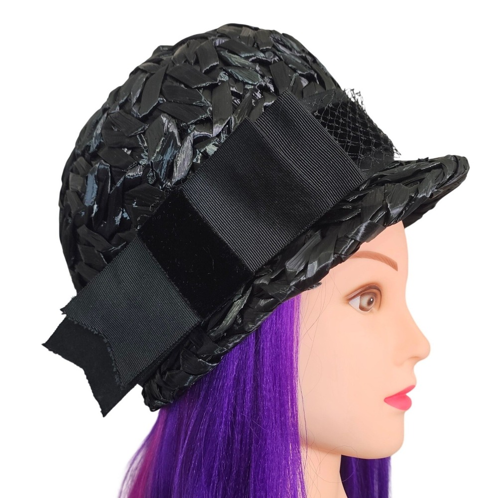 Vintage 60s Black Raffia Pillbox Hat ILGWU Jackie O Mod Cocktail Mad‎ Men